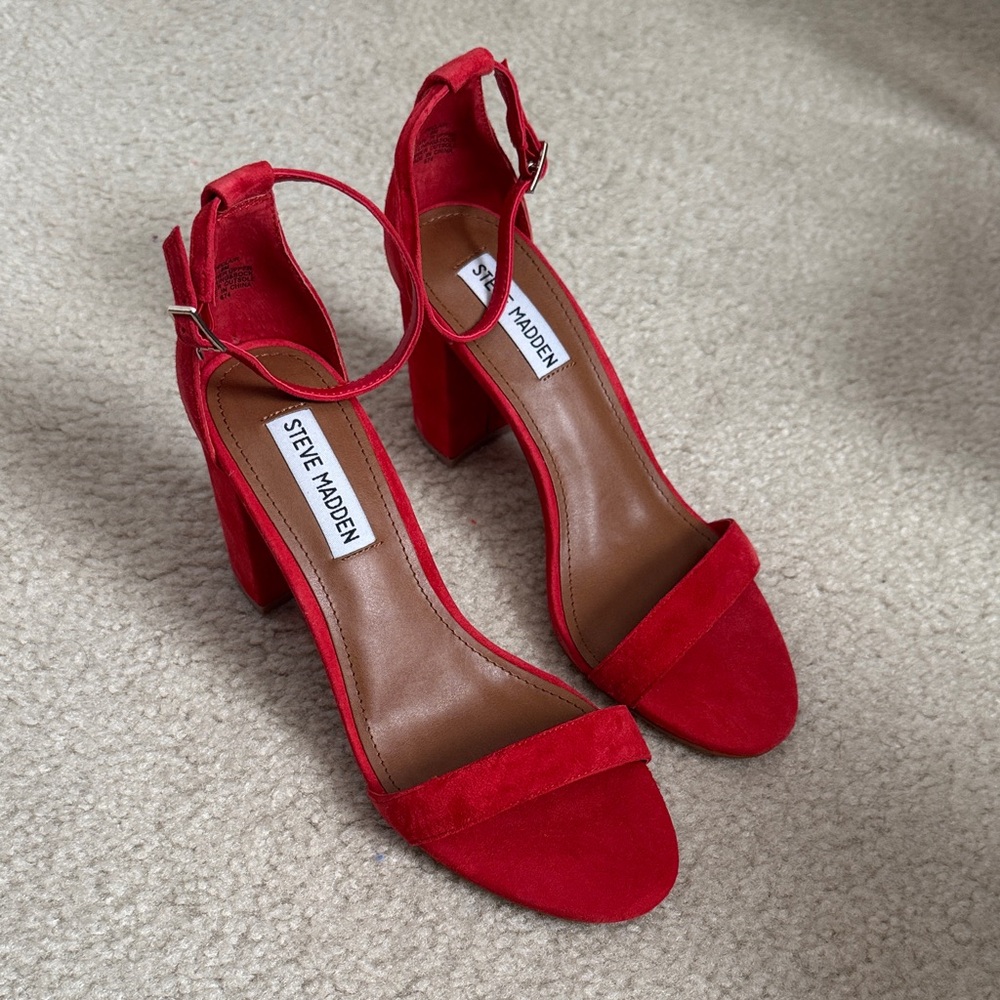 Steve Madden Red Suede Ankle Strap Block Heels